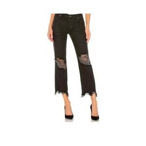 Free People Maggie Black Distressed Straight Leg Jeans | Raw Hem Denim | Size 28